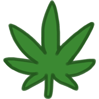 a marijuana leaf; a green leaf that has 2 points on each side, 1 at the top, and 2 at the bottom with the stem between them